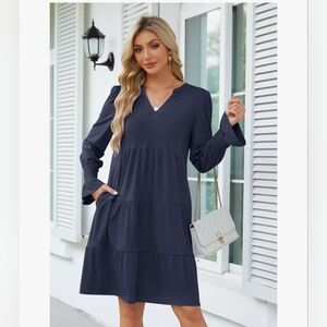 NWT Merokeety Long Sleeve Navy Midi Dress S Small